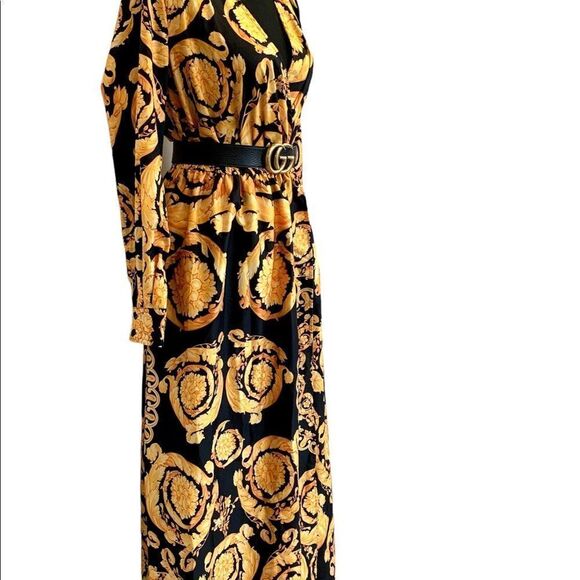 YELLOW black chain print Versace inspired maxi dress Sz M - Picture 3 of 15